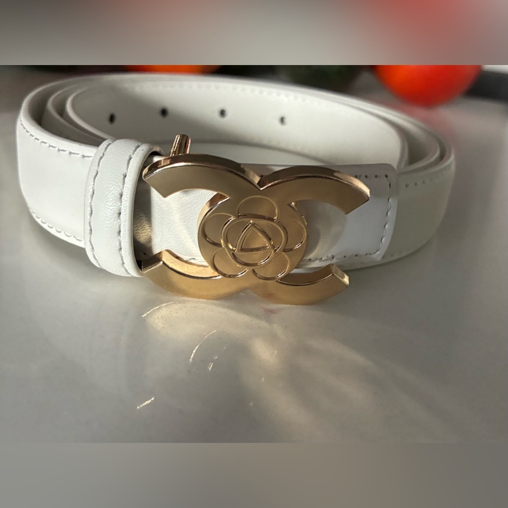 White Leather Belt with Gold Camellia Buckle